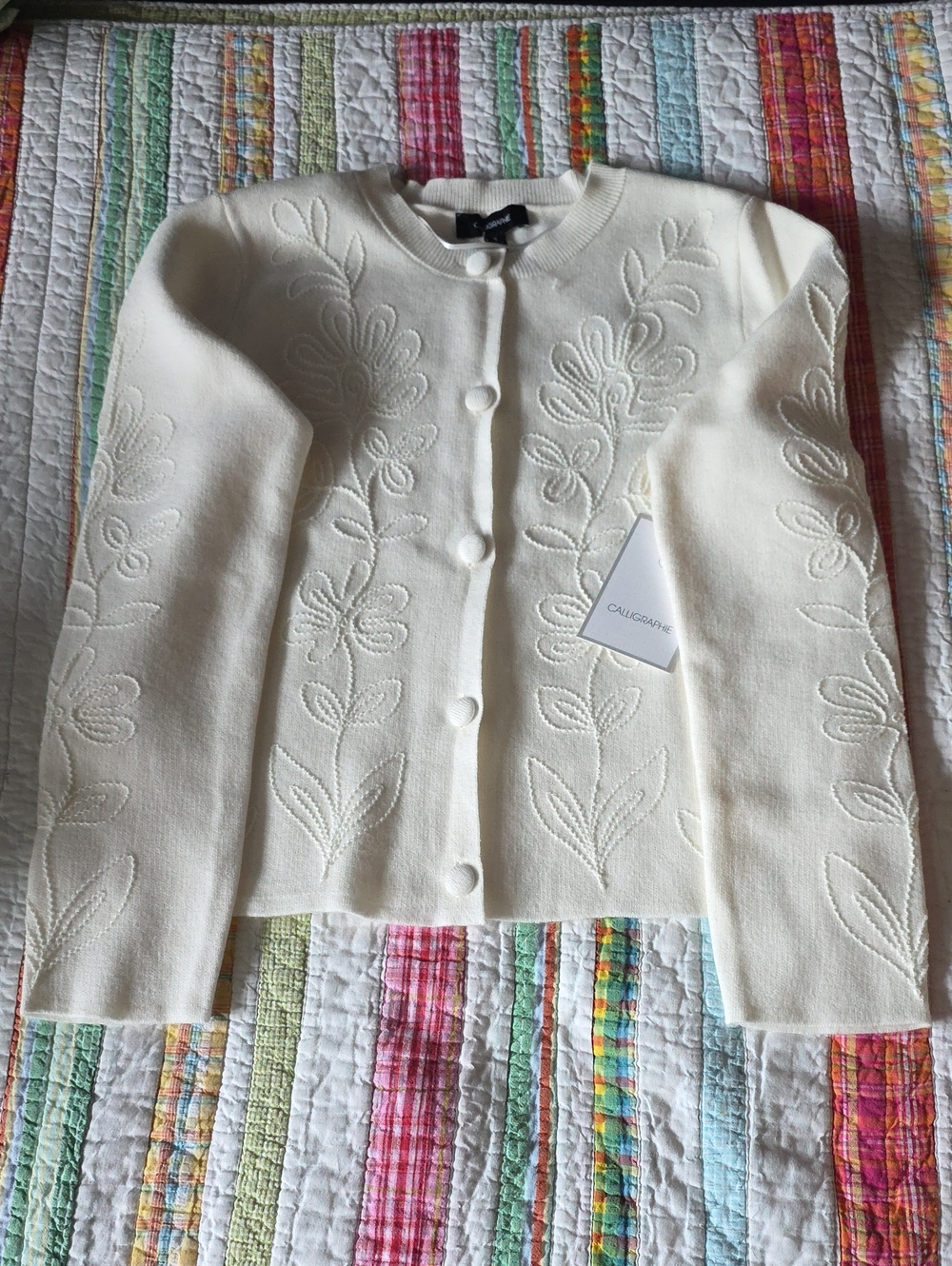 Caligraphie Embroidered Cream Crewneck Cardigan Sweater Size S